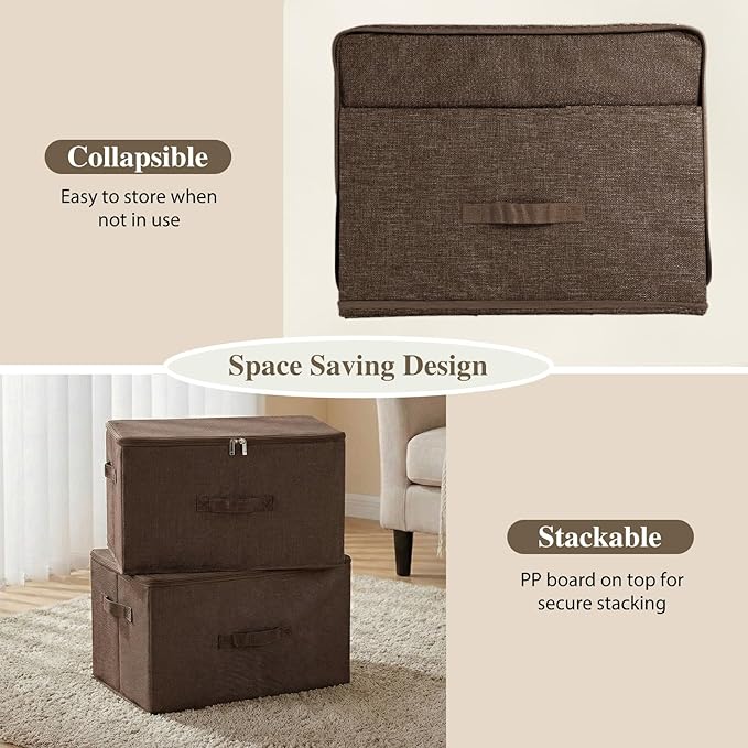 ANMINY Storage Bins with Zipper Lids 51.9 Qt Lidded Fabric Storage Boxes Baskets Cubes with Handles Collapsible Washable Cotton Linen Closet Shelf Clothes Organizer - Extra Large, Coffee