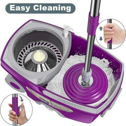 Dual Compartment Spin Mop and Bucket, Mop and Bucket with Wringer Set,360°Rotating Spinning Mopping for Floor Cleaning with 6 Microfiber Replacement Heads, 61" Extended Handle, 2X Wheel