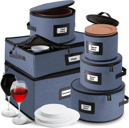 Hearth & Harbor Fine China Storage Containers, 6 Piece Dish Storage Containers, Stackable Plate Storage, Coffee Mug Storage and Wine Glass Storage Box with Dividers, Quilted Dish Organizers, Blue