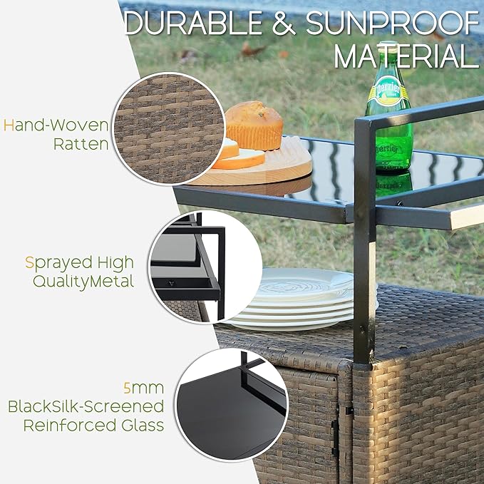 Wicker Outdoor Bar Cart - Brown Patio Console Storage Table Buffet Cabinet Serving Kitchen Cart with Wheels for Outside Backyard
