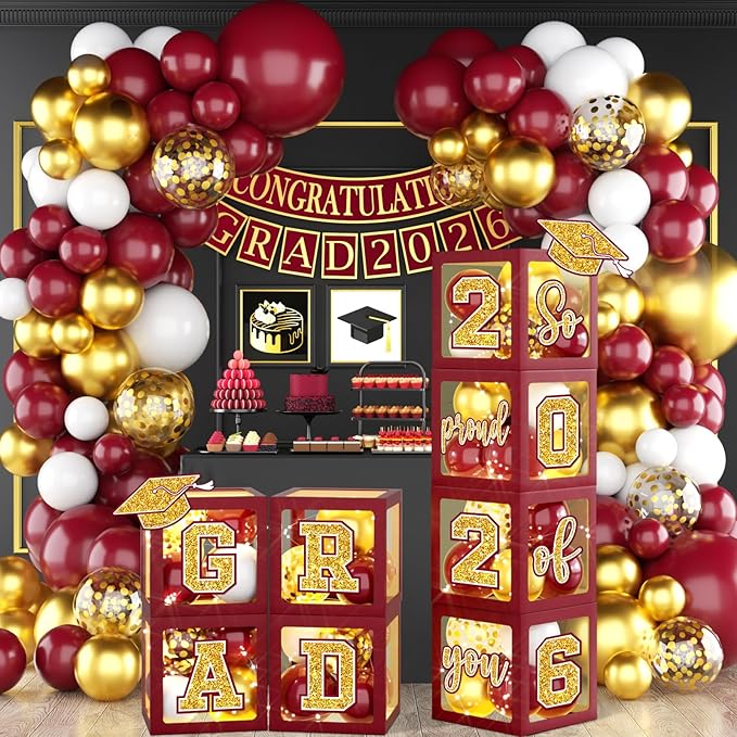 Graduation Decorations Class of 2026,Maroon and Gold Graduation Decorations 2026,Maroon and Gold Grad Balloon Boxes with Letters 2026,So Proud of You Backdrop for Graduation Party