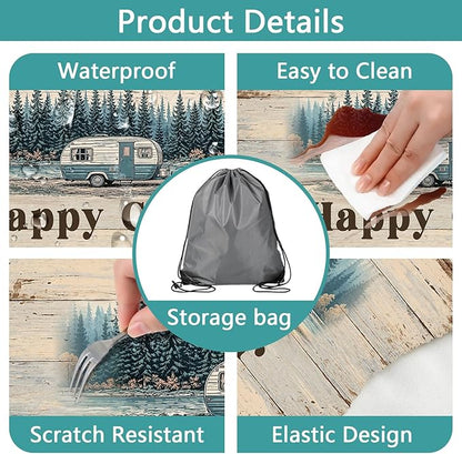 JAWO Happy Camper Picnic Table Cover - Fitted Tablecloth with Elastic Edge,Camping Design for Outdoor Camping, BBQ Decor, 60x30 Inch