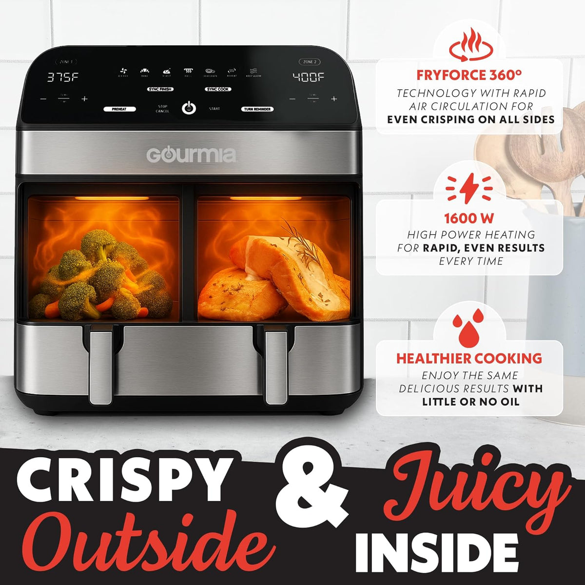 Gourmia Dual Basket Digital Air Fryer – 10 QT, FryForce 360° Technology, 7 Presets, Match Cook & Smart Finish, PTOA-Free Baskets & Crisper Trays, 1600W, Black