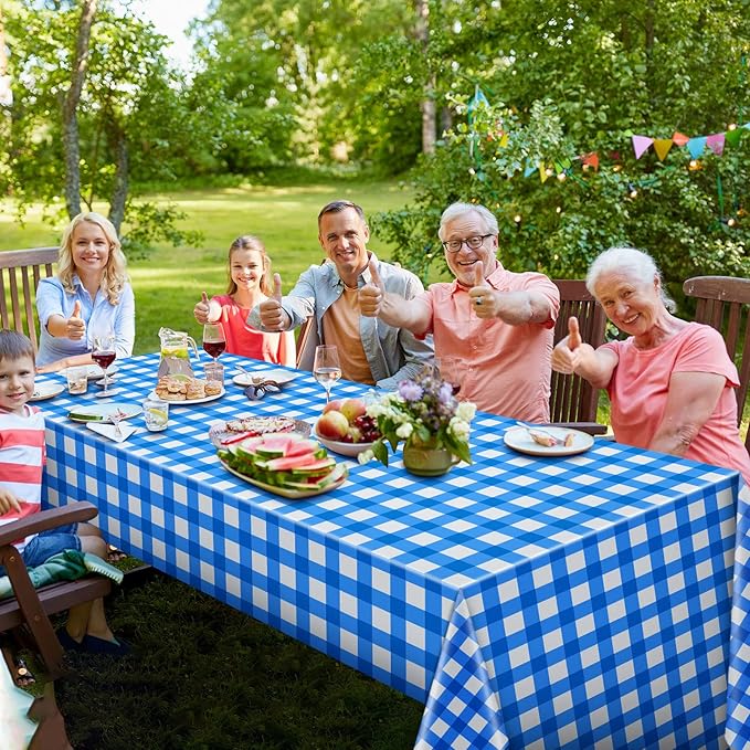 12 Pieces Plastic Checkered Tablecloth Gingham Tablecloth Rectangle Disposable Plaid Table Cloth 54 x 108 Inch 8 Foot Waterproof Picnic Table Covers for Barbecue Holiday Birthday Party(Blue Checkered)