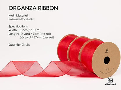 Vitalizart Red Organza Ribbon 1.5" x 30 Yd Sheer Ribbons for Christmas Decor Gift Wrapping Crafts Bows Wedding Invitations Wreaths Bouquet