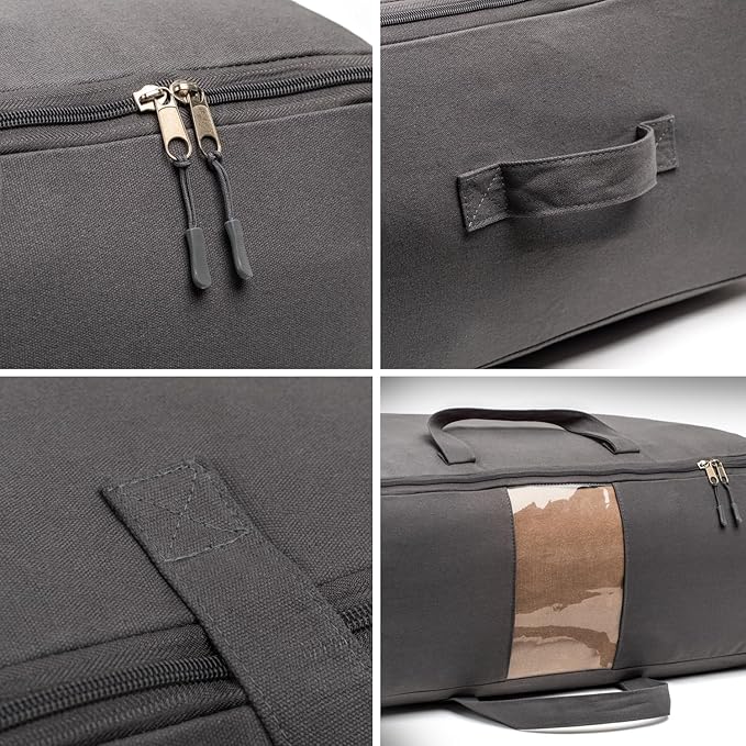Soft Canvas Storage Bags with Zipper. Thick Breathable, 1pc King/Queen Comforter Organizer. Four Carrying Handles and Window. Large 25x19x9in Bag for Sheets Blankets Bedding Pillows, Clothes (Grey)
