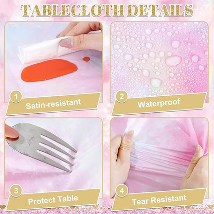 3 Pack Princess Tablecloths, 54 x 108 Inch Disposable Pink Rose Castle Themed Table Cloth Waterproof Pink Tablecloth Rectangle Birthday Party Table Cover for Girls Birthday Baby Shower Party Supplies