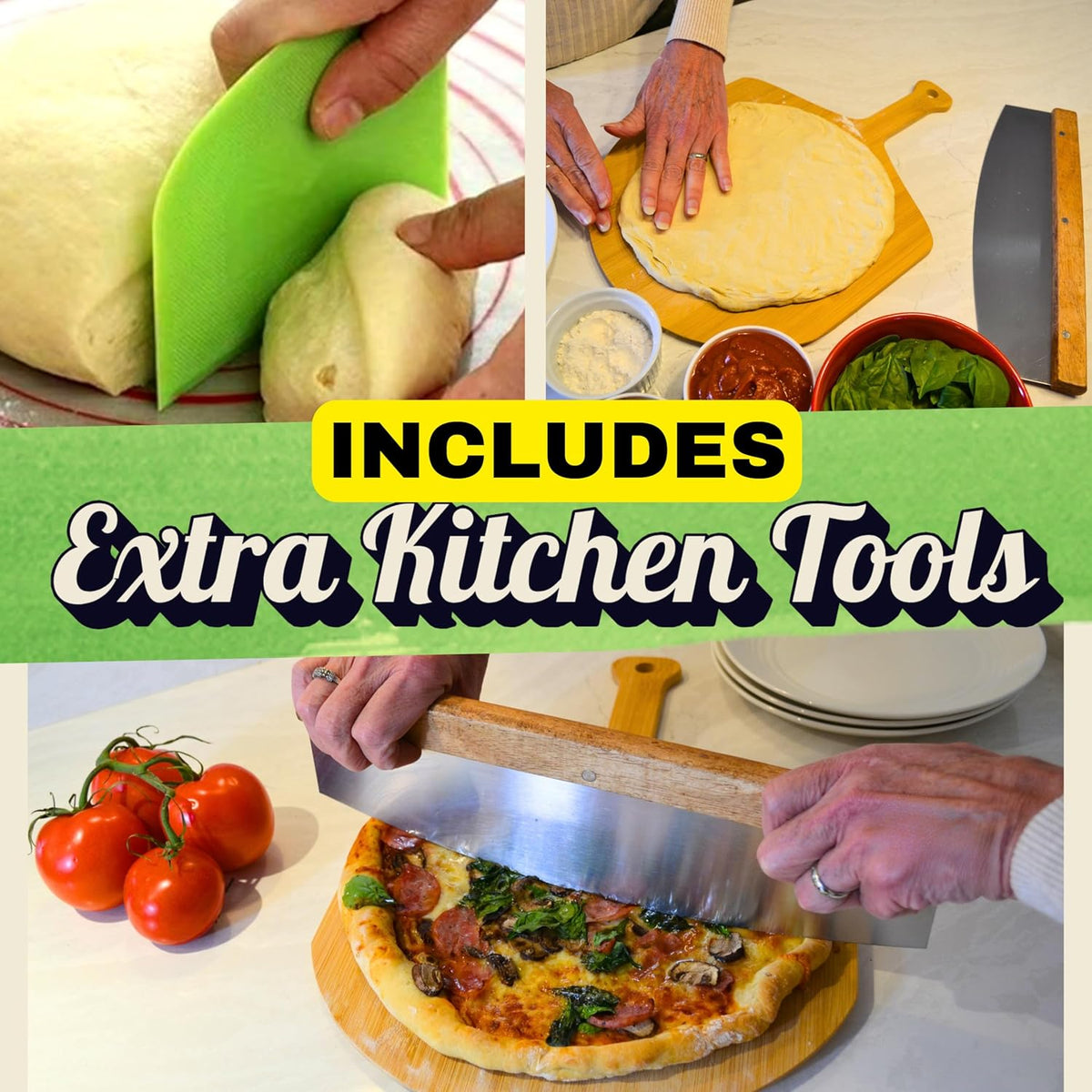 Large Pizza Stone for Oven 16 inch - Round Pizza Stone for Grill with Handles, Wood Pizza Peel and Cutter Set - Baking Stone for Bread