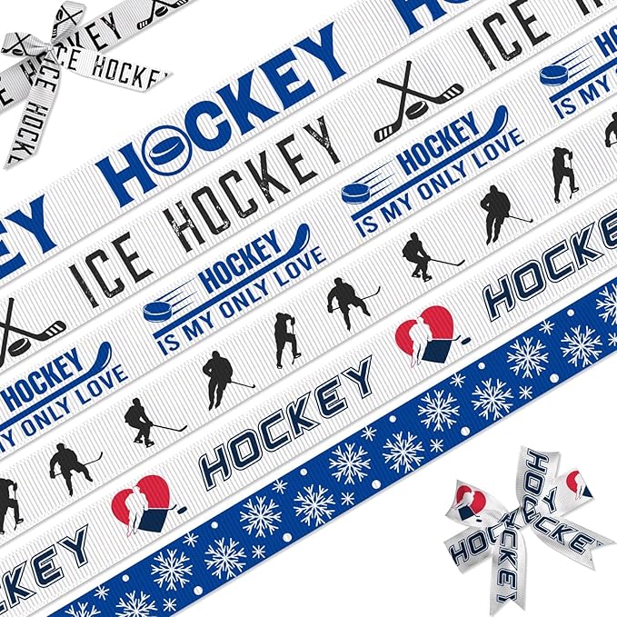 Hockey Ribbon, 6 Pack (5/8 Inch x 3 Yards Each), Ice Hockey Grosgrain Ribbons, Sports Player Silhouette Pattern with Snowflake Design for Hair Bow,Team Party Decorative, Sports Gift Wrapping