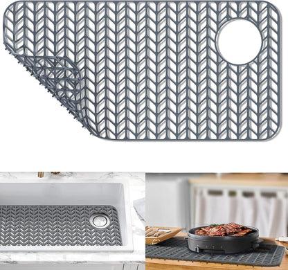 GUUKIN Sink Protectors for Kitchen Sink - 28.6"x 14.5" Silicone Kitchen Sink Mat Grid for Bottom of Farmhouse Stainless Steel Porcelain Sink with Right & Left Drain（Grey）, 2814R
