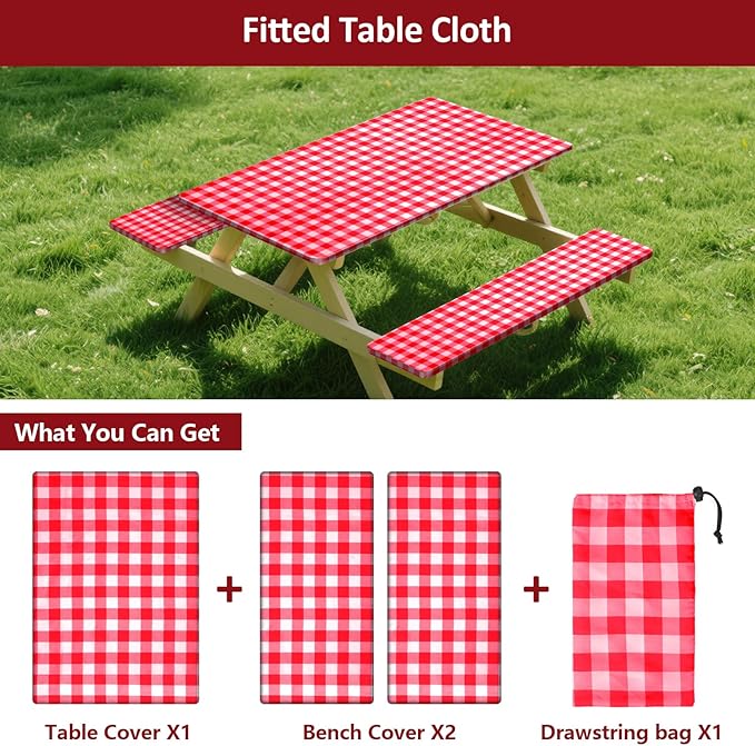 7ft Picnic Table and Bench Cover, Camping Essentials RV Gear, 84 in Waterproof Windproof Outdoor Elastic All Around Tablecloth, Fitted Rectangle Tables and Seats, Red-White Checkered