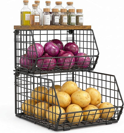 X-cosrack Stackable Wire Baskets for Counter, Fruit and Vegetable Storage, Potato and Onion Storage Bin，Kitchen Pantry Organizer - Wall Basket for Produce/Snack/Can, Large with Wood Top, Black