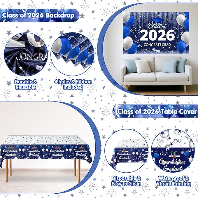 Graduation Decorations 2026, Graduation Decorations Class of 2026 Blue and Silver Congrats Grad Backdrop Tablecloths Banner Balloons for Graduation Party Decorations 2026 Graduation Decor