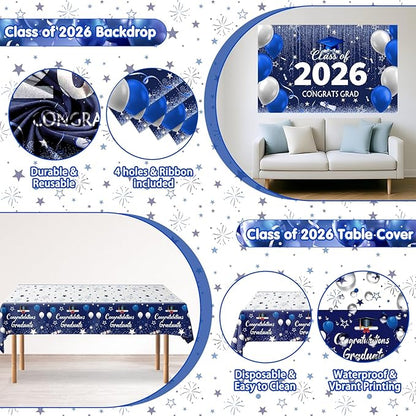 Graduation Decorations 2026, Graduation Decorations Class of 2026 Blue and Silver Congrats Grad Backdrop Tablecloths Banner Balloons for Graduation Party Decorations 2026 Graduation Decor