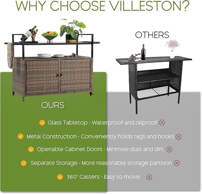 Wicker Outdoor Bar Cart - Brown Patio Console Storage Table Buffet Cabinet Serving Kitchen Cart with Wheels for Outside Backyard