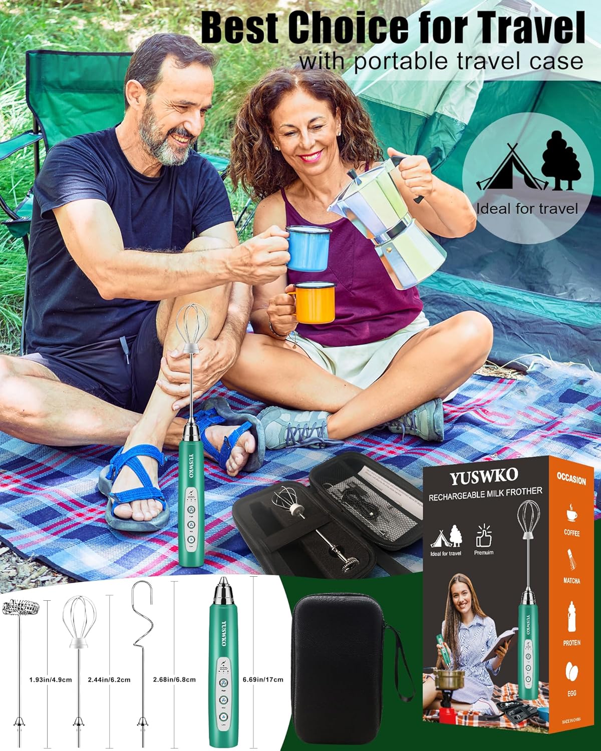 Yuswko Rechargeable Milk Frother for Coffee, Handheld Drink Mixer with 3 Heads 3 Speeds, Ideal Coffee Frother Wand for Travel - Green