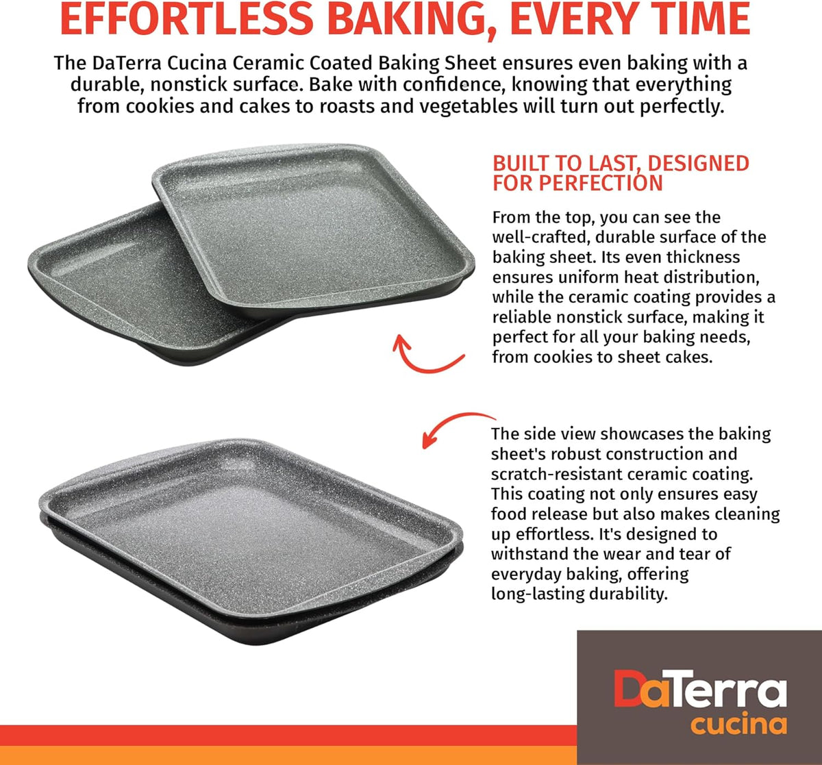 DaTerra Cucina - Nonstick Ceramic Coated Baking Sheet Twin Pack – 16" x 11" x 1" Professional Grade, PTFE, Cadmium, Lead & Pfoa Free, Oven Safe