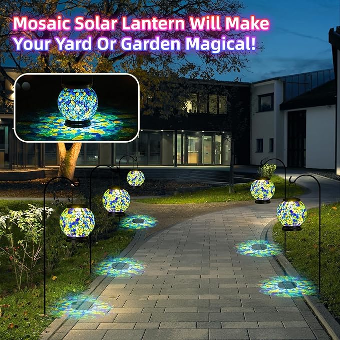VOREEN Mosaic Solar Lanterns, Handmade Outdoor Glass Hanging Light, Waterproof Solar Table Lamp, Gift for Mom Wife Friend, Decor for Garden, Patio, Yard, Balcony, Green & Yellow, Leaves Pattern