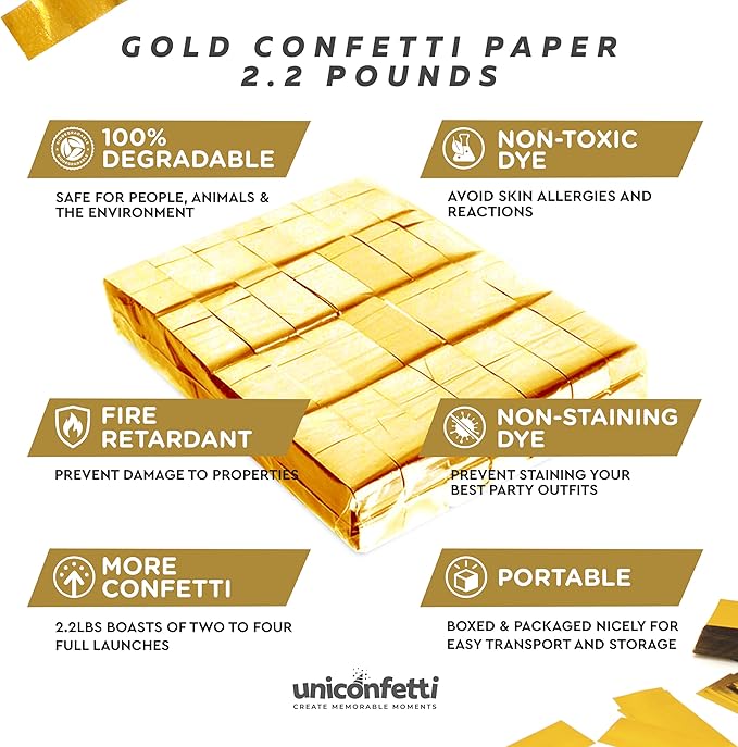 Gold Bulk Confetti Paper 2.2lbs / 1kg – Biodegradable Tissue Paper Confetti, Non-Staining, Fire-Resistant | Parties, Events, Graduation, Confetti Launcher Machine Refill