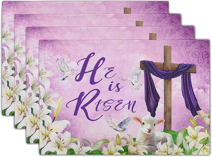 Giwawa He is Risen Placemats, Easter Cross Lamb Linen Washable Place Mat, Spring Lily Flowers Heat Resistant Table Mats for Kitchen Dining Holiday Party Decor, Set of 4, 12x18 Inch