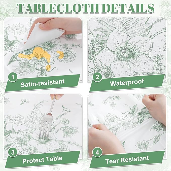 3 Pack Sage Green Floral Plastic Tablecloths, 54 X 108Inch Tea Party Tablecloth Disposable Table Cloths Green and White Porcelain Tables Decor for Garden Wedding Tea Party Birthday Baby Bridal Shower