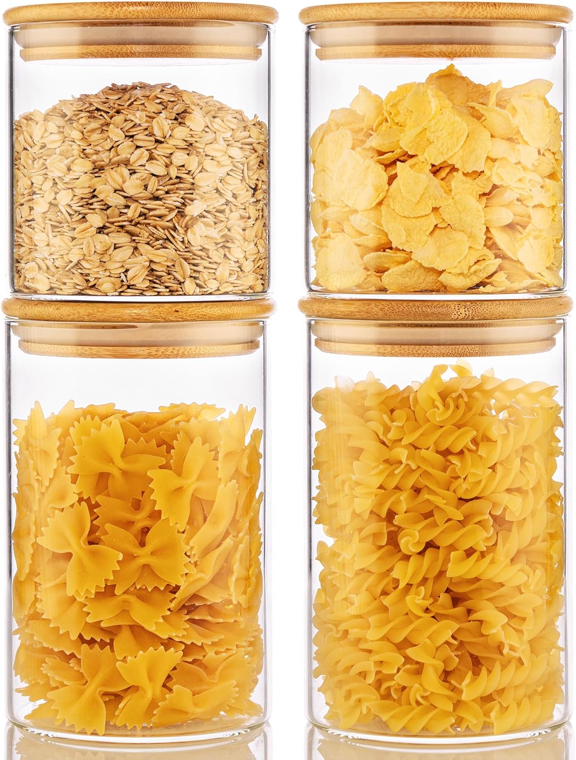32oz & 21oz - 4 Pack Glass Jars with Bamboo Lids, Glass Pantry Storage Containers with Airtight Lids
