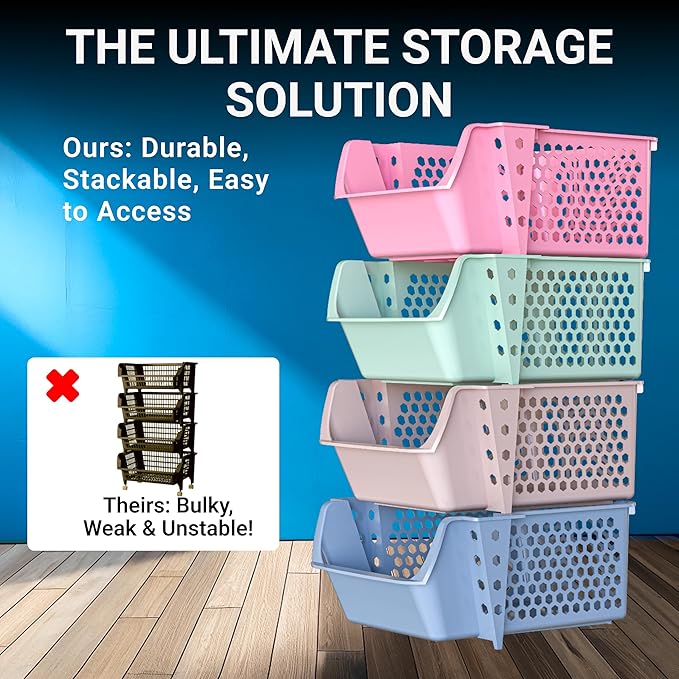 TidyFriend 4 Pack Stackable Storage Bins Open Front for Pantry Organizers and Storage, Plastic Storage Bins, Dorm Room Essentials, Pantry Storage for Food, Kitchen and Home Organization (Multi)