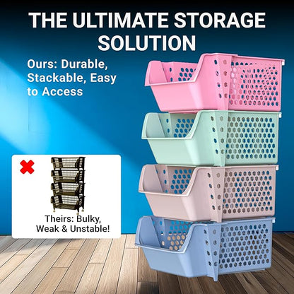 TidyFriend 4 Pack Stackable Storage Bins Open Front for Pantry Organizers and Storage, Plastic Storage Bins, Dorm Room Essentials, Pantry Storage for Food, Kitchen and Home Organization (Multi)