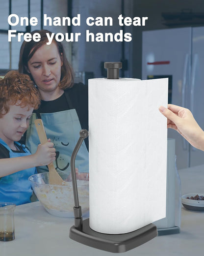 Paper Towel Holder Countertop Black, Paper Towel Dispenser Standing Weighted Base Non-Slip, Spring Arm Fit Most Size Tissue Roll, Stainless Steel Paper Towel for Home Kitchen Tabletop