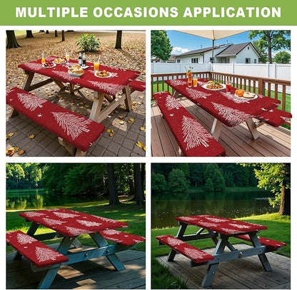 ANNA QUEEN 6FT Red Christmas Tree Picnic Table Cover Set 3PCS 72"x30", Waterproof Outdoor Bench and Tablecloth Furniture Protection for Camping Beach BBQ Patio Backyard