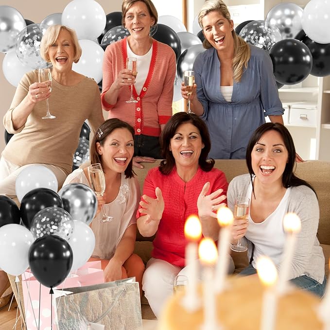 60pcs Black White Silver Balloon Kit - 12" Metallic Silver Black & White Confetti Balloons for New Year Eve, Black Tie Wedding, Disco Birthday Decor