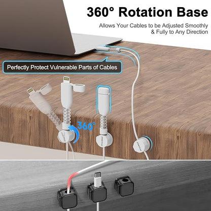 6 Magnetic Spring Cable Clip Rotatable Cord Holder Desktop Cord Organizer 2 Charging Cord Protectors for Nightstand Phone Charger Organizer Computer Desk Cable Management Appliance Adhesive Wire Strap