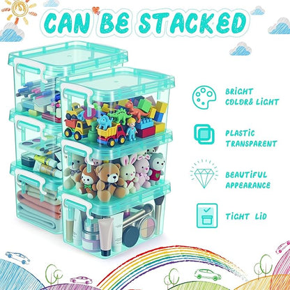 Wenqik 6 Pack Colorful Plastic Storage Bins with Lids 4 Quart Small Storage Latch Box Stackable and Nestable Clear Organizer Bins with Latching Handle and Buckle for Organizing (Teal)