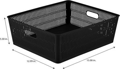 Simplify 4Pk Shallow Slide 2 Stack It Tote Basket | Storage & Organization | Open Bins with Stackable Capability | Bathroom | Crafts | Pantry | Playroom | Office | Black
