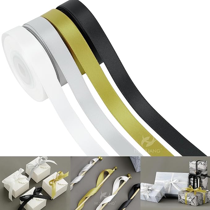 HUIHUANG Black and White Satin Ribbon 1/2 inch x 4 Rolls White/Black/Silver/Gold Ribbon for Gift Wrapping DIY Crafts Hairs Flower Bouquets Wedding Decoration- Total 40 Yards
