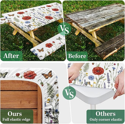 Picnic Table Cover with Bench Covers Elastic Edges, Wildflower Camper Fitted Table Cover, Outdoor Camping Essentials 72 Inch 3PCS, Waterproof Camping Fitted Tablecloth with Drawstring Bag