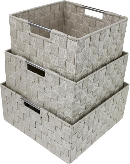 Sorbus Storage Box Woven Basket Bin Container Tote Cube Organizer Set Stackable Storage Basket Woven Strap Shelf Organizer Built-in Carry Handles (Beige)