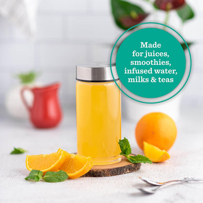 Juice Bottles - 4 Pack Wide Mouth Glass Bottles with Lids - for Juicing, Smoothies, Infused Water, Beverage Storage - 10oz, BPA Free