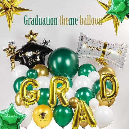 Green Graduation Balloon Garland Arch Kit 115PCS with Graduation Star print Certificate Letter Mylar Foil Balloons for Graduate Class of 2026 Grad Prom party Decorations Supplies (Green Gold White)