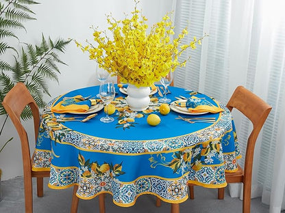 YiHomer Provence Blue Lemon Mediterranean Tile Tabletop for Spring Summer Decorations, Picnics and Dinner Parties - Indoor Outdoor, Stain and Water Resistant, Tablecloth, 70" Round