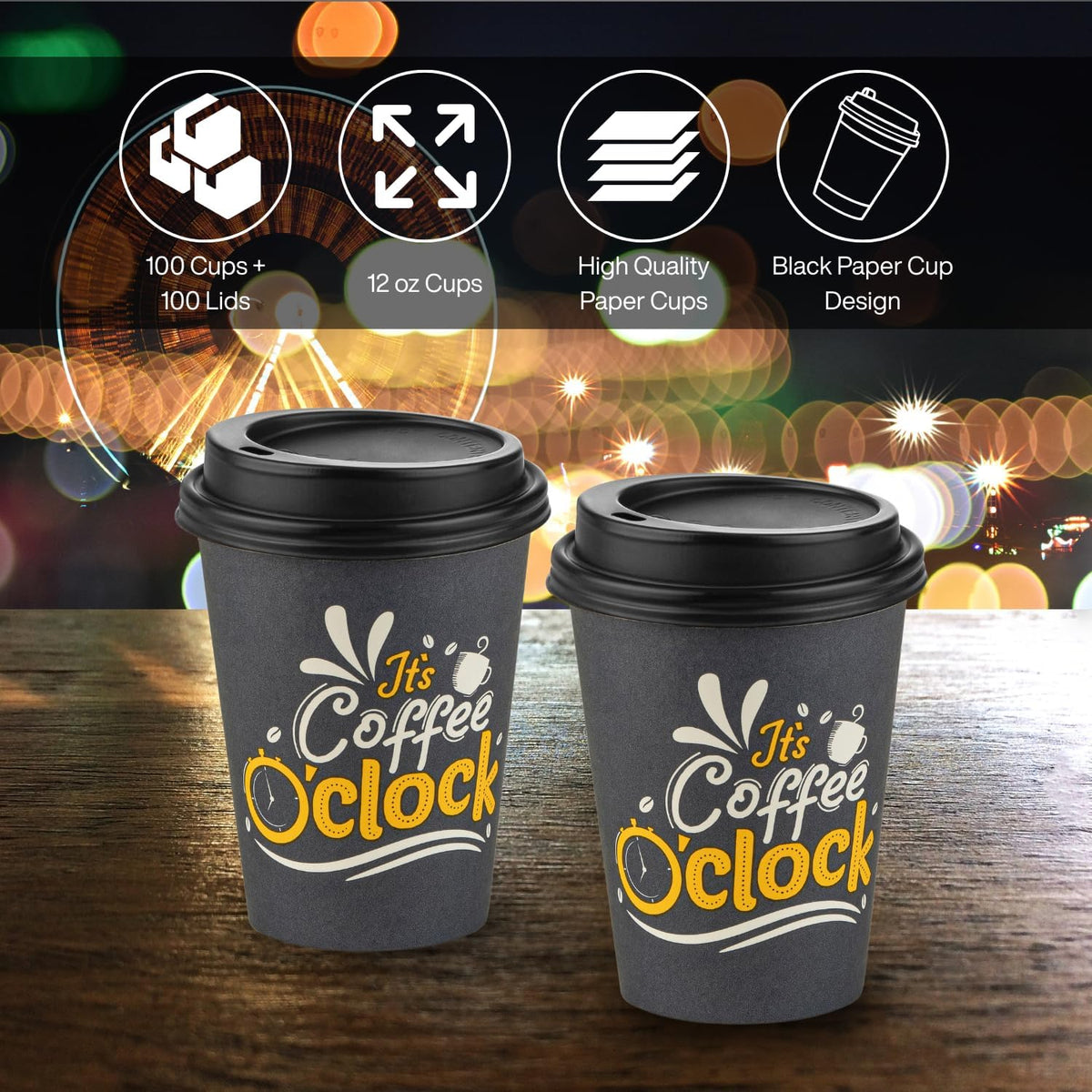 Smygoods Disposable Coffee Cups with Lids, To Go Paper Hot Cups, Coffee O'Clock Design (12 OZ, 100 Count) For Hot Beverages, Coffee, Tea, Espresso