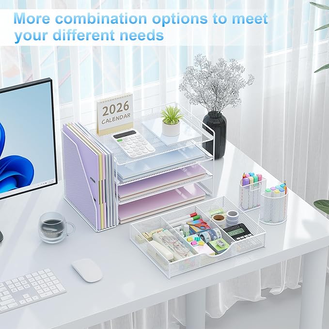 gianotter Desk Organizers and Accessories with File Holder, 4-Tier Desk Accessories & Workspace Organizers with Drawer and 2 Pen Holder, Paper Organizer for Office Supplies (White)