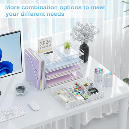 gianotter Desk Organizers and Accessories with File Holder, 4-Tier Desk Accessories & Workspace Organizers with Drawer and 2 Pen Holder, Paper Organizer for Office Supplies (White)