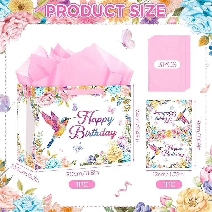 Hummingbird Birthday Gift Bag with Wrapping Paper and Greeting Card Floral Hummingbird Party Supplies Happy Birthday Classroom Party Wrapping Paper Bag for Women Girls Flower Bird Party Decorations