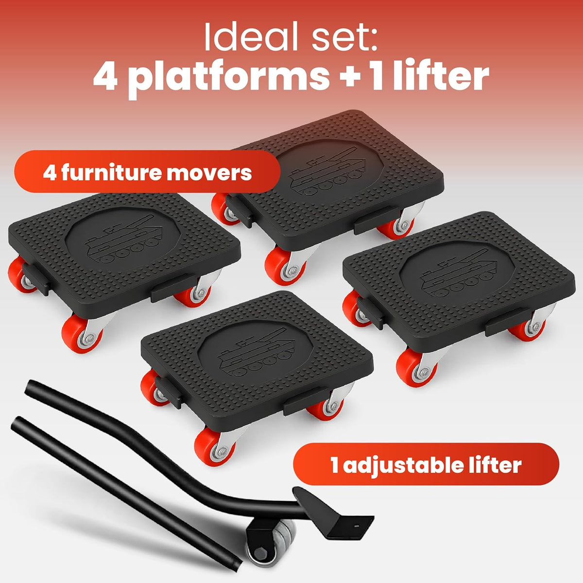 Heavy Duty Furniture Dolly Set with Lifter Tool and 5 Wheels - Capacity, 360° Rotating Wheels for Sofas, Refrigerators, and More (1200 LB)