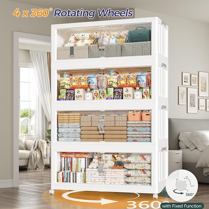 90Gal/360QT 3-Tiers Extra Large Stackable Storage Bins with Lid, Collapsible Cabinet Closet Organizer Plastic Container Box with Wheels Doors Drawers for Living Room Kitchen Office, White