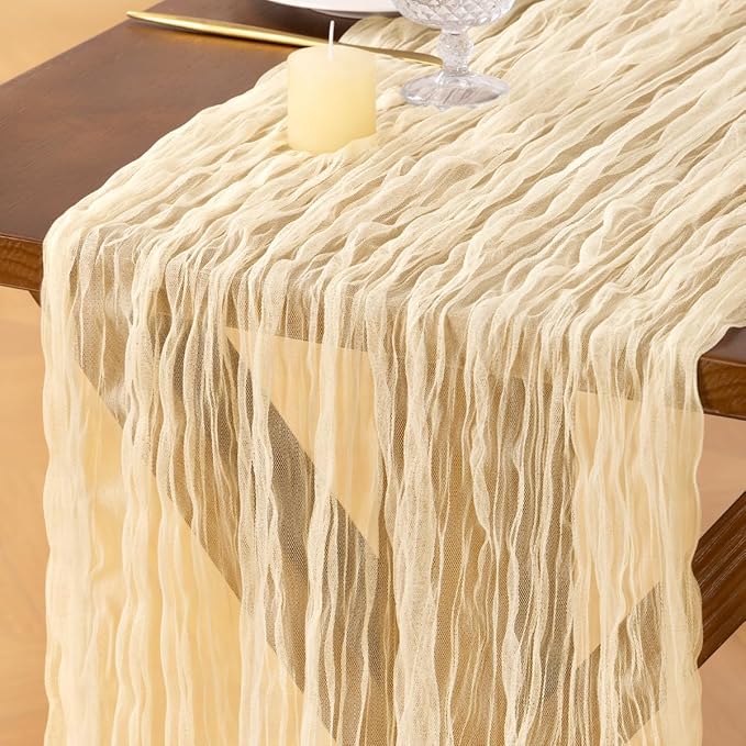 Socomi Beige Cheesecloth Table Runner Tulle Gauze Cheese clothBoho Rustic 120 inch 10FT Runner for Wedding Party Baby Shower Birthday Holiday Decorations 1pc