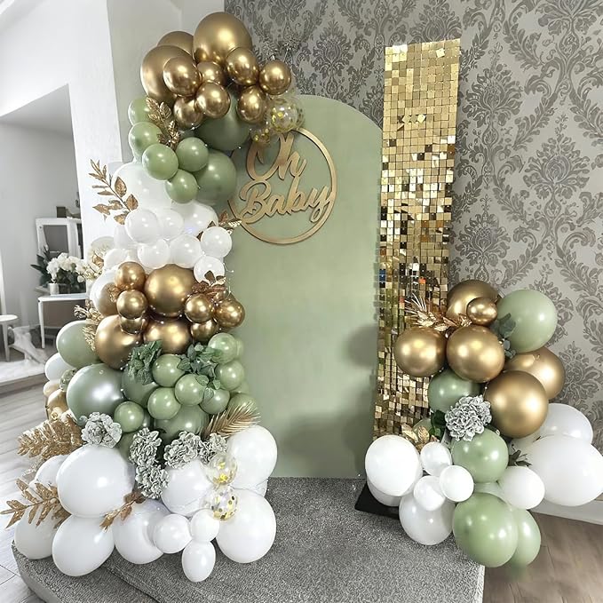 Lukiituke Sage Green and Gold Balloon Arch Kit, 134Pcs Sage Green Balloons, 4 Sizes Sage Green White and Gold Balloons for Baby Shower Wedding Bridal Birthday Party Decorations