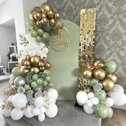 Lukiituke Sage Green and Gold Balloon Arch Kit, 134Pcs Sage Green Balloons, 4 Sizes Sage Green White and Gold Balloons for Baby Shower Wedding Bridal Birthday Party Decorations
