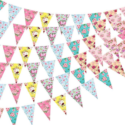 72 Pcs Vintage Floral Paper Bunting Banner Garland Bandana Pennants Outdoor Bunting Banner for Tea Party Decorations Flower Garden Yard Baby Shower Bridal Wedding Party Decorations